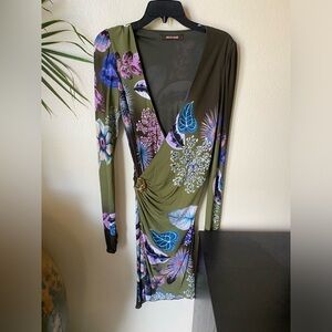 Roberto Cavalli Women’s Floral Bodycon Dress Cinched V Neck Resortwear Vintage